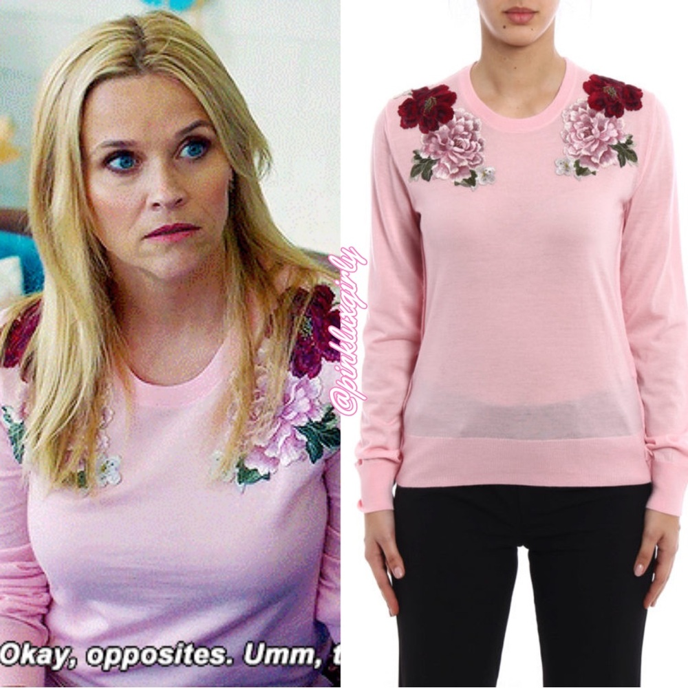 $1695 Dolce & Gabbana REESE WITHERSPOON Pink Rose Applique Cashmere Pullover